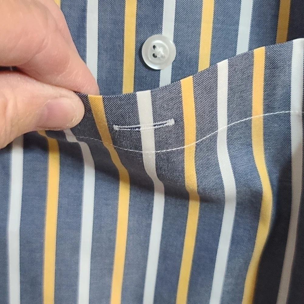 Orvis Mens Button Down Shirt Longsleeve Gray/Gold/White Striped‎ Size XL EUC
